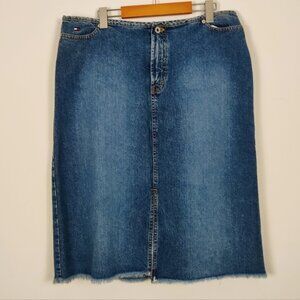 Vintage Tommy Hilfiger Midi Jean Skirt in Blue Size 16 Frayed Hem Denim Y2K